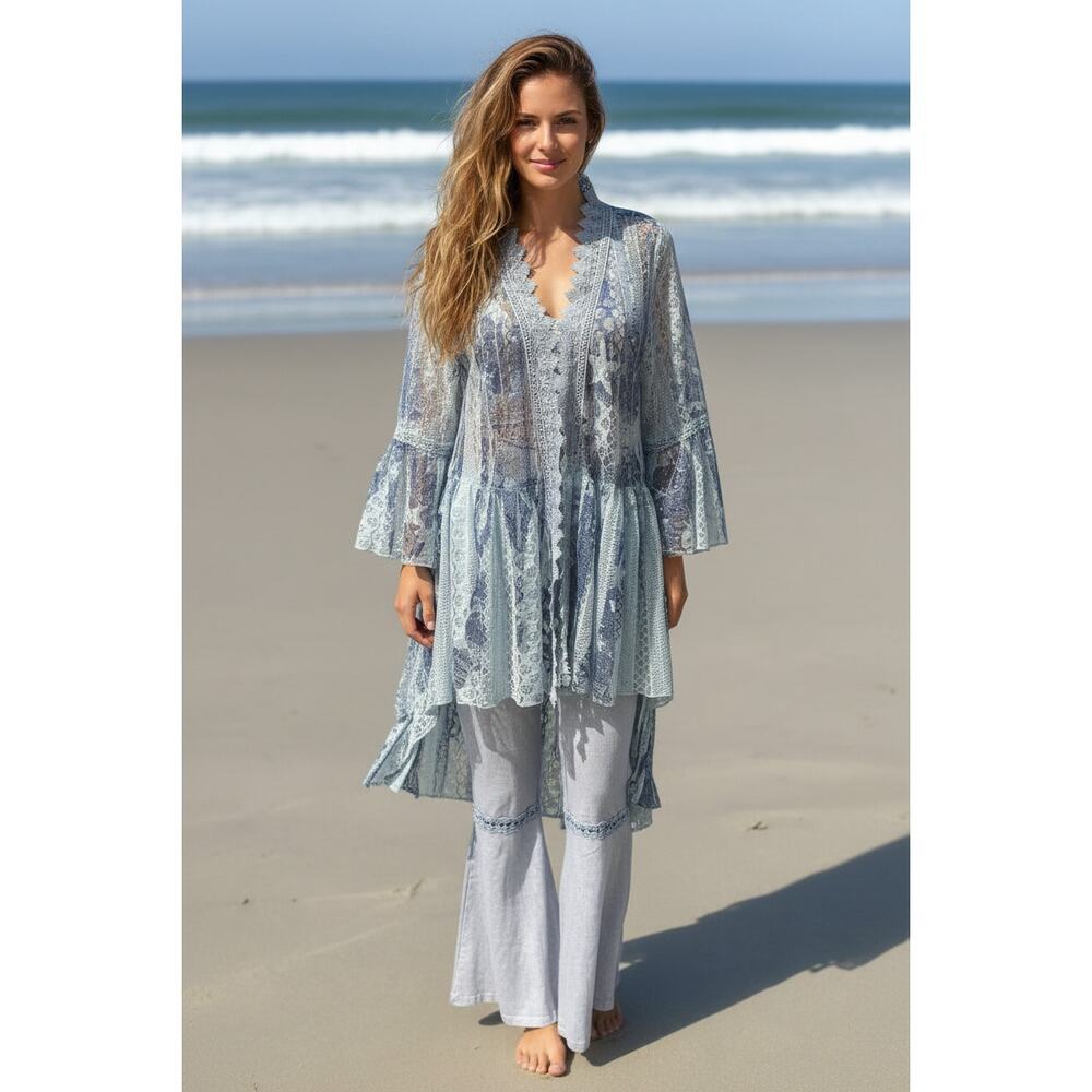 Origami Blue Stars Lace Hi-Lo Cardigan Small